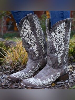 Corral Crater Bone Embroidery Square Toe Cowgirl Cowboy Boots A1094 Womens 6 M